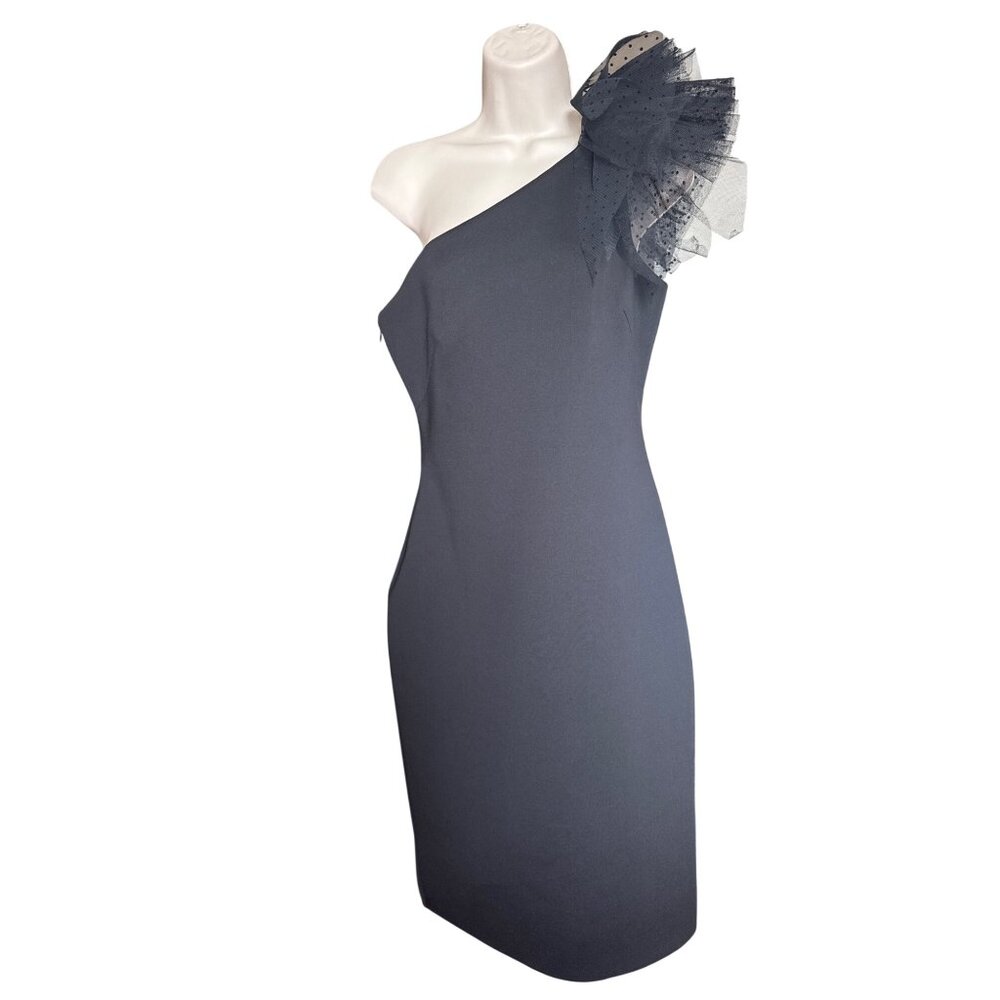 Eliza J One Shoulder Scuba Black Cocktail Dress 8 Tulle Ruffle Sheath Coquette - Picture 2 of 12